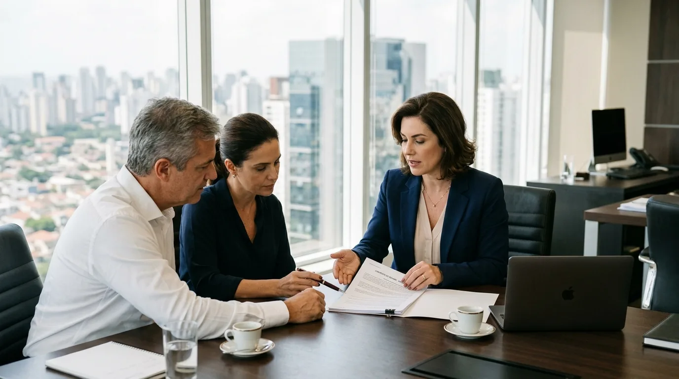 Empresários assinando contrato garantido por seguro caução