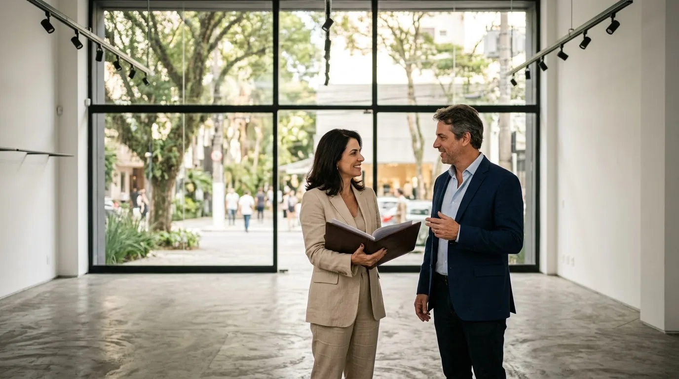 Empresário e corretora de imóveis conversando numa loja vazia com vitrine de vidro