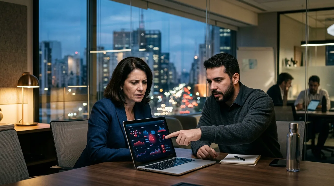 Diretora financeira e gerente de TI analisando um alerta de segurança no notebook