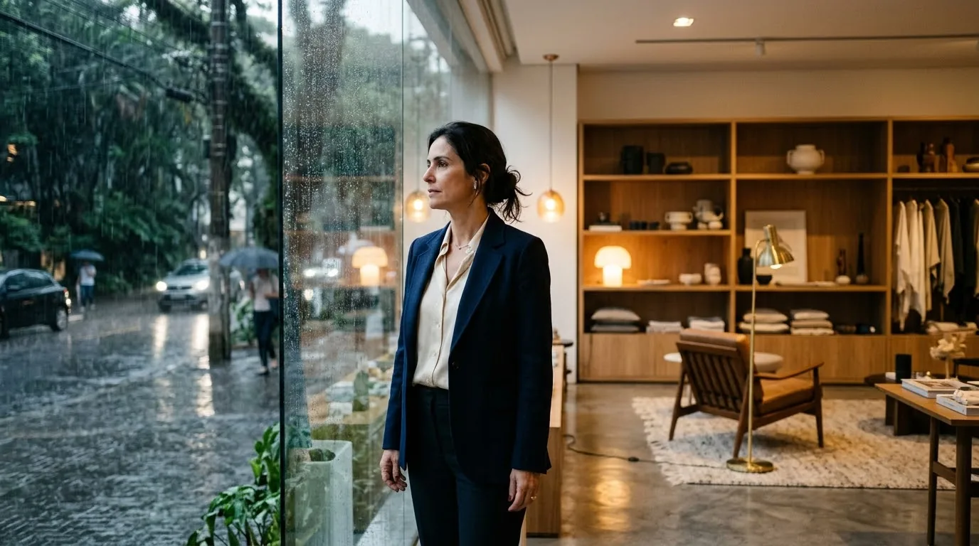 Dona de loja de decoração observando a chuva forte pela vitrine do showroom
