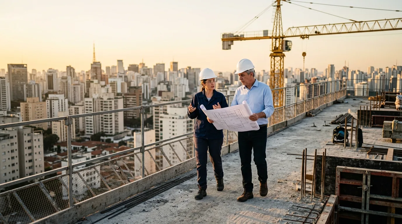 Engenheira e diretor do incorporador percorrendo a laje de um edifício alto em construção
