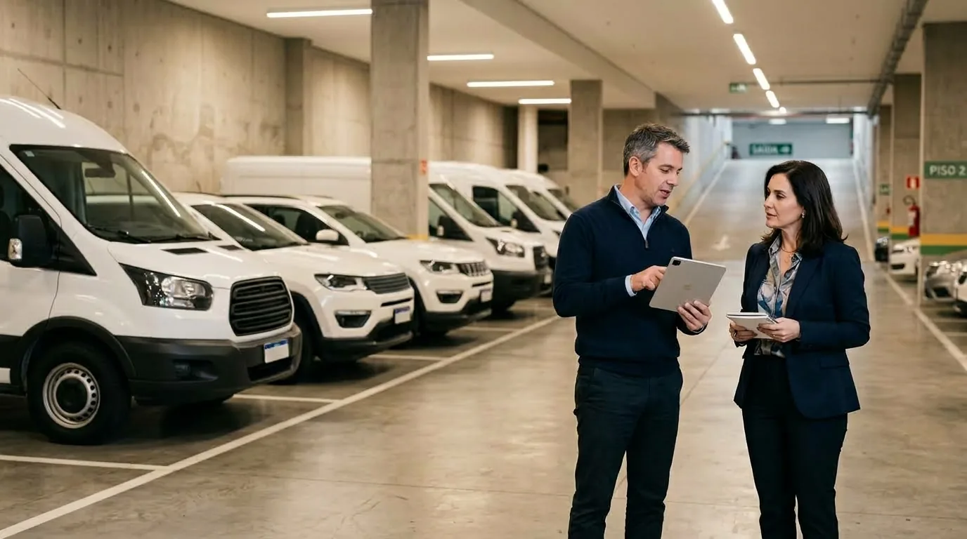 Gestor de frota e corretora de seguros conversando ao lado dos veículos da empresa numa garagem corporativa