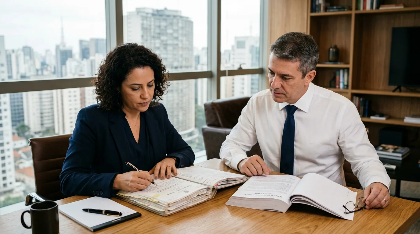 Advogada e diretor financeiro analisando os autos de um processo e a apólice de garantia