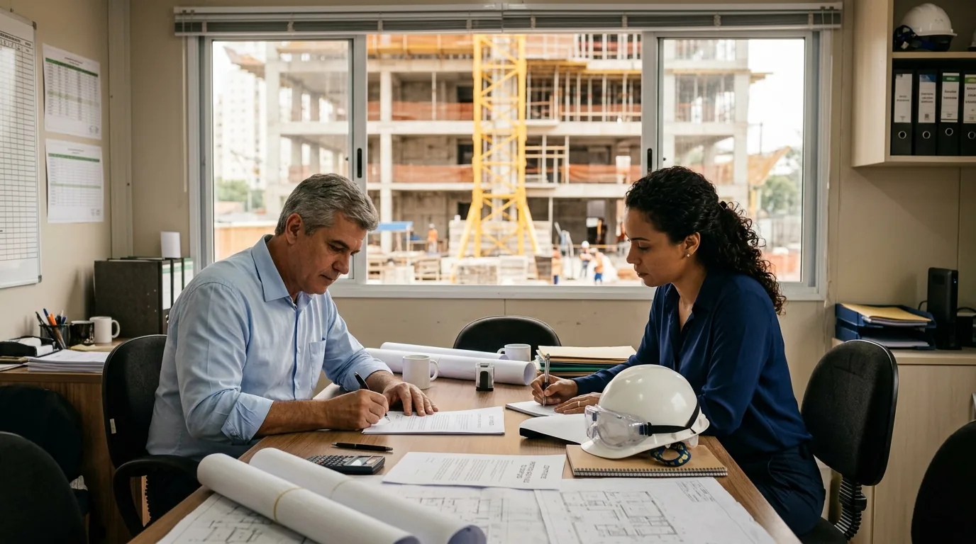 Engenheira e diretor de construtora assinando contrato com garantia no escritório da obra