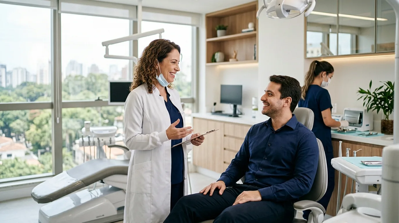 Dentista atendendo uma paciente num consultório odontológico moderno e bem iluminado