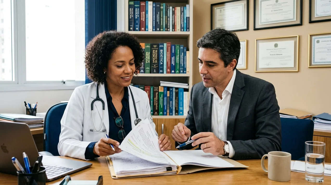 Médica e advogado analisando documentos de um seguro de responsabilidade civil profissional