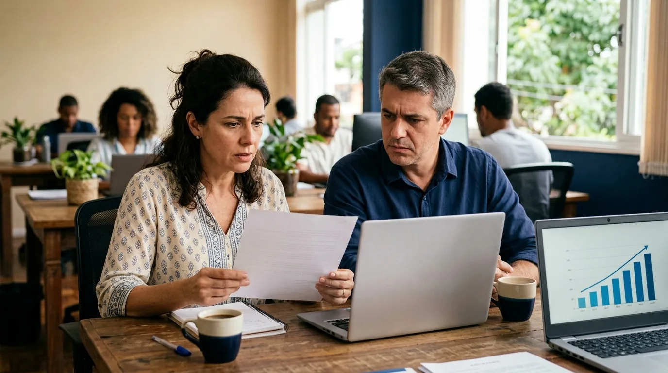 Gestora de RH e dono da empresa conferindo a carta de reajuste do plano de saúde